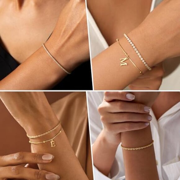 Dainty Gold Bracelets Set Personalized Initial Stackable Tennis Rope Chain - Picture 4 of 8